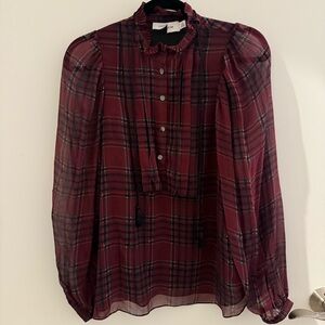 Coach Burgundy Plaid Sheer Blouse